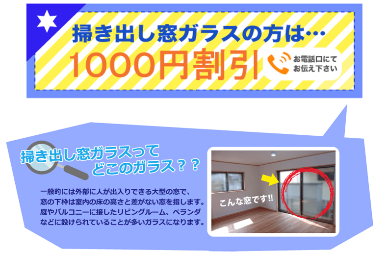 掃き出し窓ガラスは１０００円割引を説明の画像